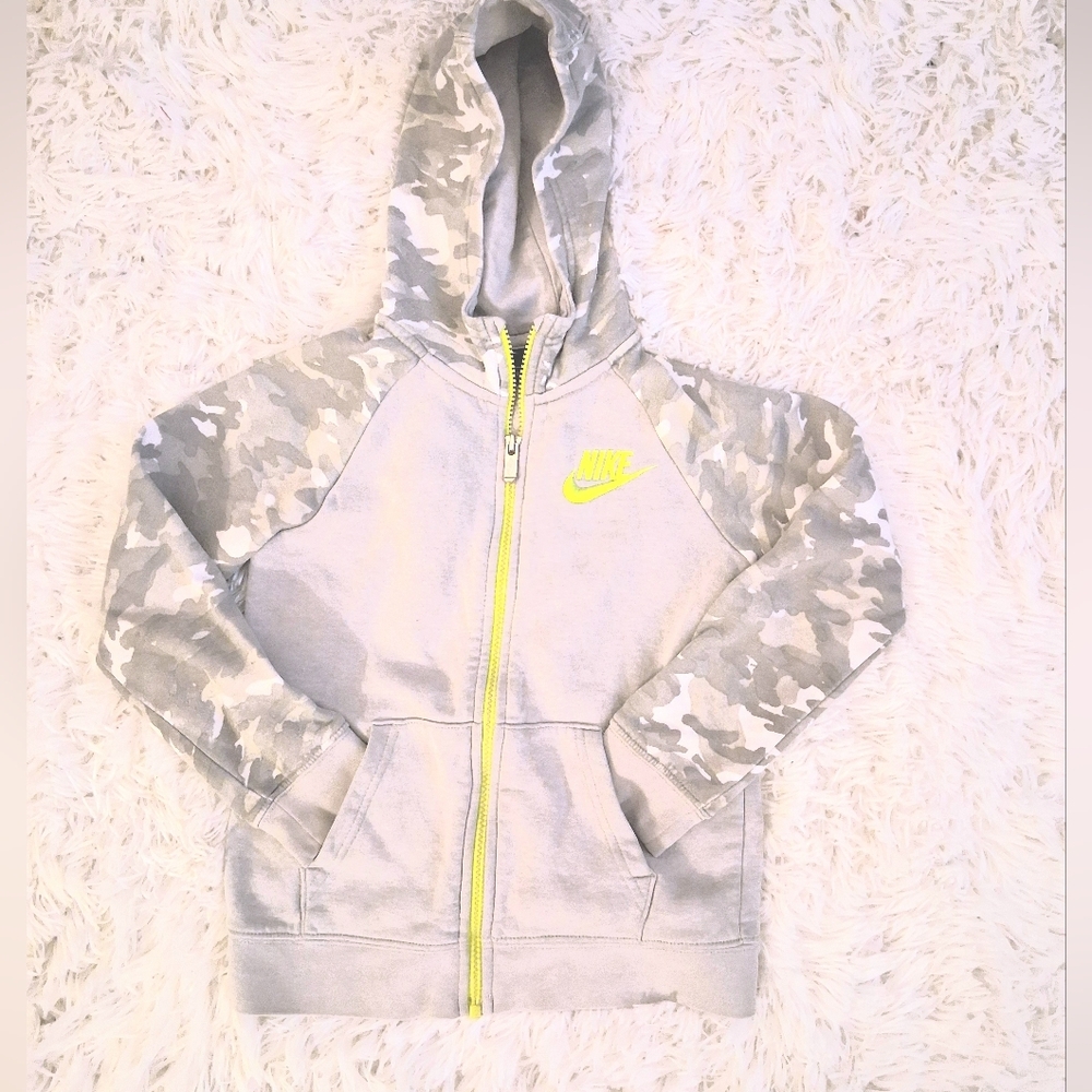 Nike Kids Light Gray Camo Hoodie with Neon Accents